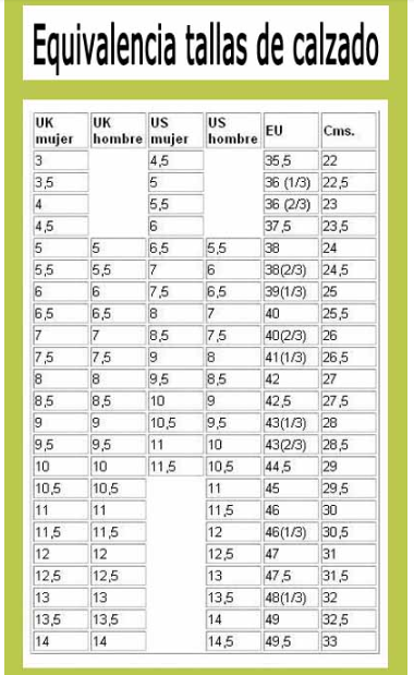 tabla de tallas de calzados